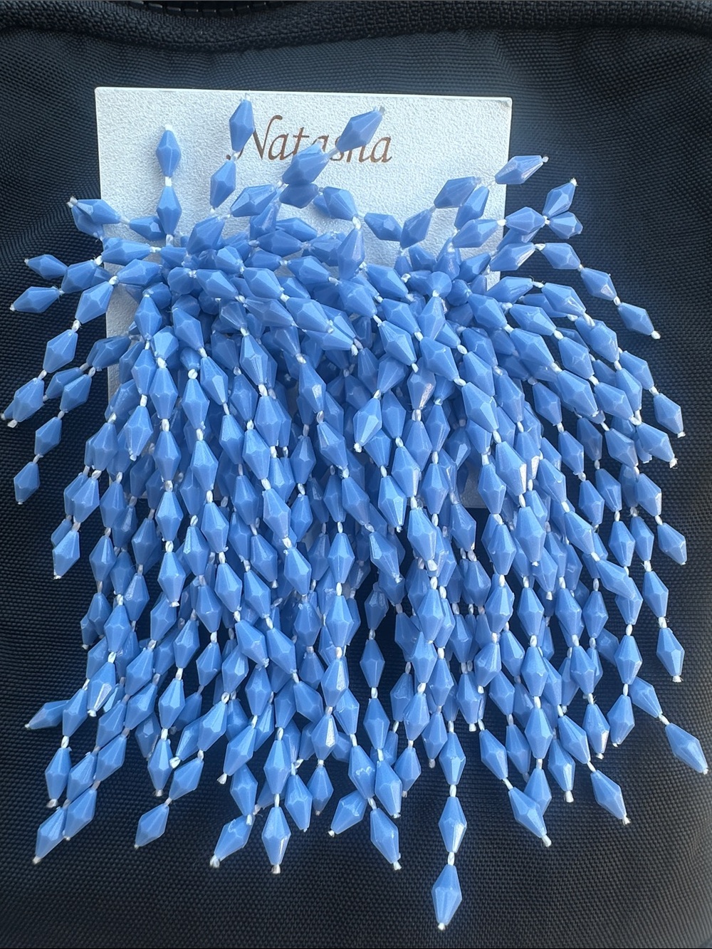 Natasha Couture Blue Beaded Fringe Statement Earrings